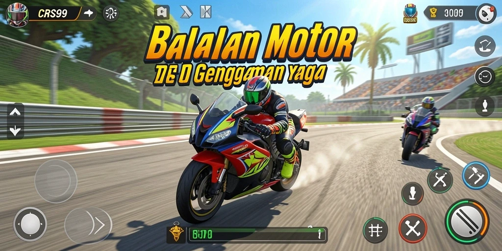 Screenshot gameplay <strong>CRS99</strong> dengan motor balap yang sedang beraksi di lintasan.