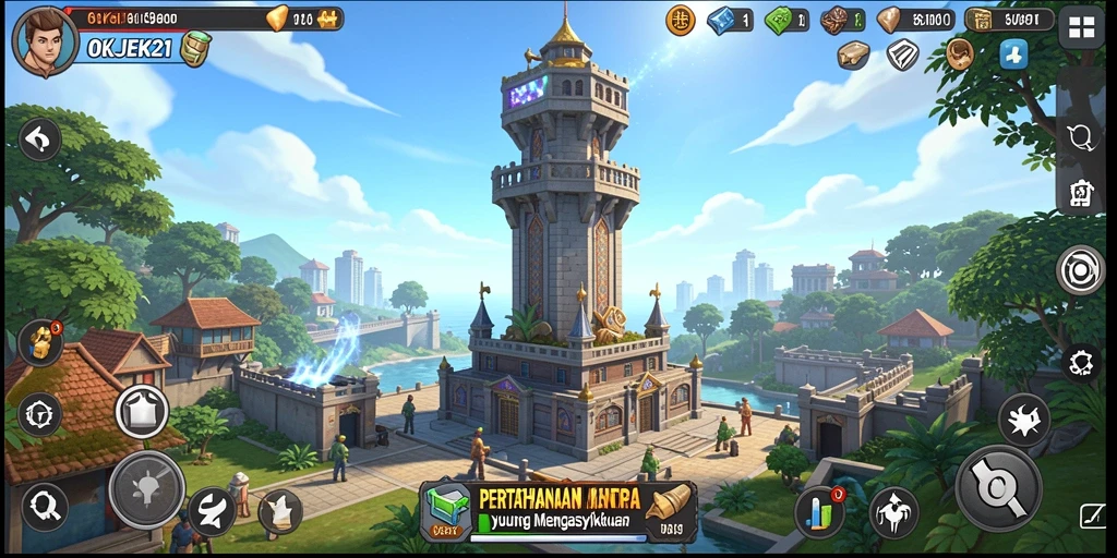 Screenshot utama gameplay OKJEK21 menampilkan pertahanan menara yang strategis.