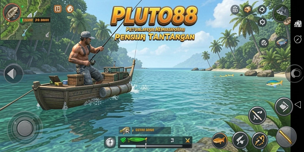 Screenshot gameplay <strong>PLUTO88</strong> menampilkan aksi memancing yang mendebarkan dan beragam jenis ikan.