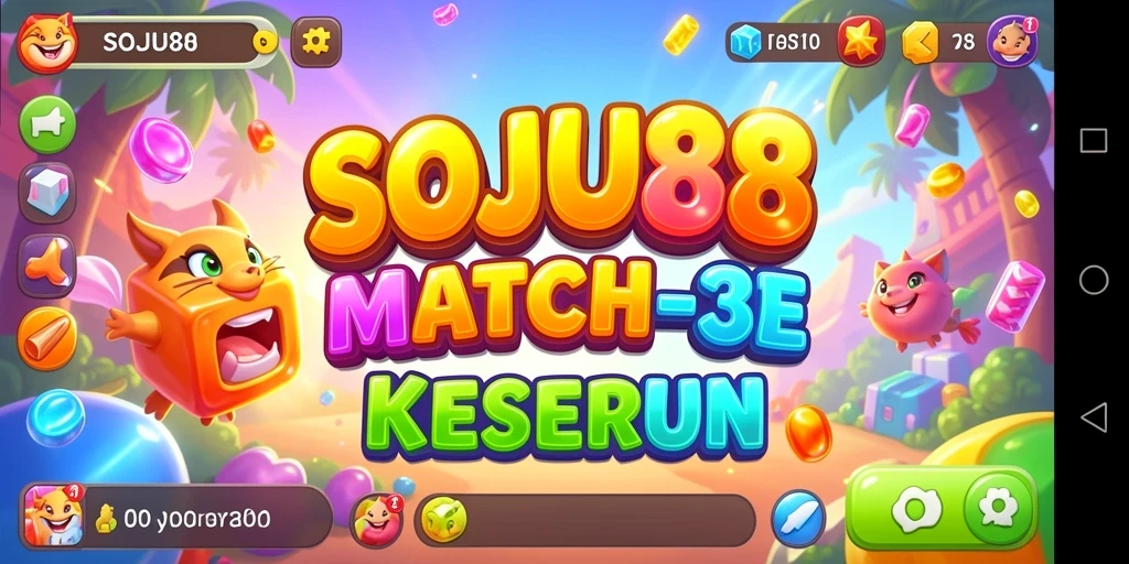 Tampilan gameplay menarik dari SOJU88 dengan elemen Match-3 yang berwarna-warni.