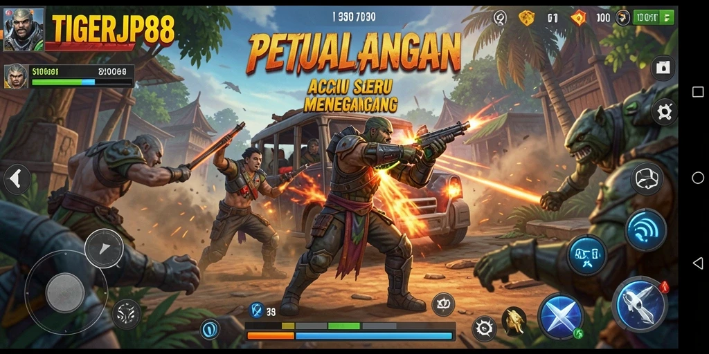 Screenshot permainan action TIGERJP88 menunjukkan pertarungan yang mendebarkan.