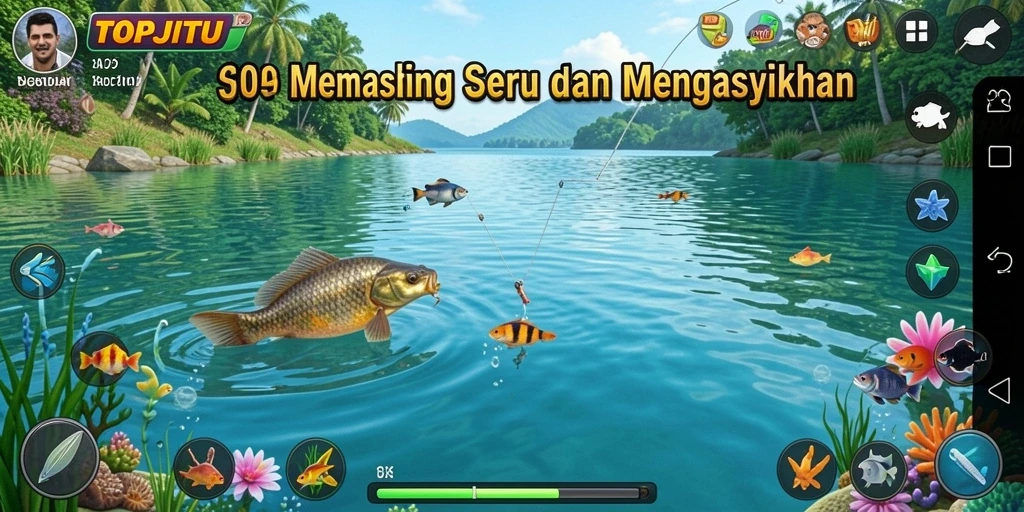 Screenshot utama dari gameplay TOPJITU menunjukkan aktivitas memancing yang seru.