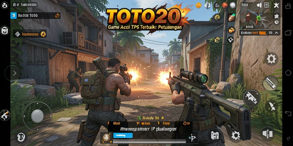 Screenshot utama TOTO20 menampilkan aksi pertempuran dinamis dalam game TPS.