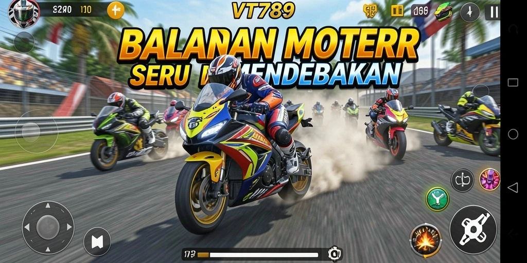 Screenshot utama VT789 menampilkan balapan motor yang mendebarkan di trek yang menantang.