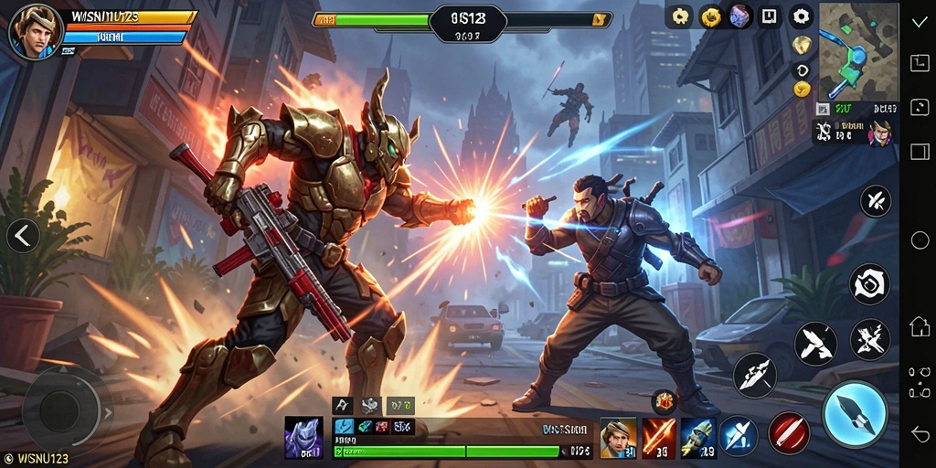 Screenshot gameplay <strong>WISNU123</strong> yang menunjukkan pertarungan intens antar karakter.